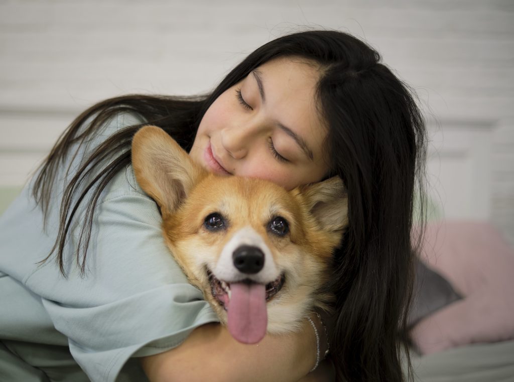 Young girl happily hugging a corgi dog with her eyes closed.